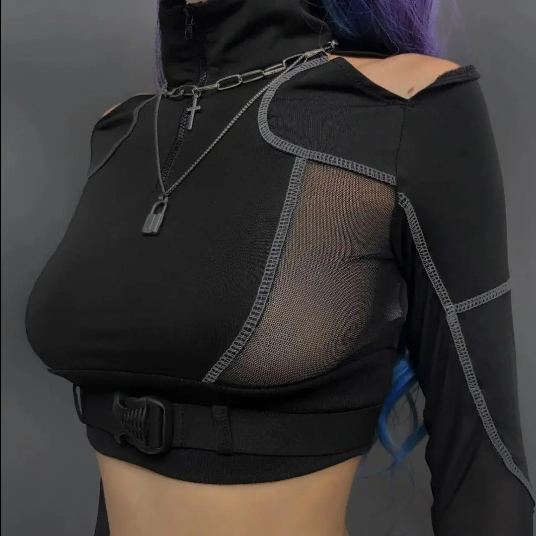 🔥'Adira' Techwear Dark See-Through Buckle Crop Top