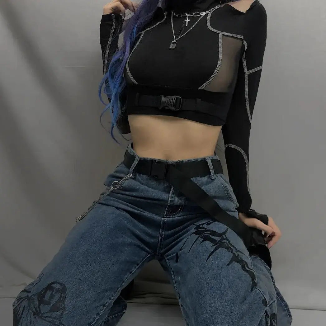 🔥'Adira' Techwear Dark See-Through Buckle Crop Top