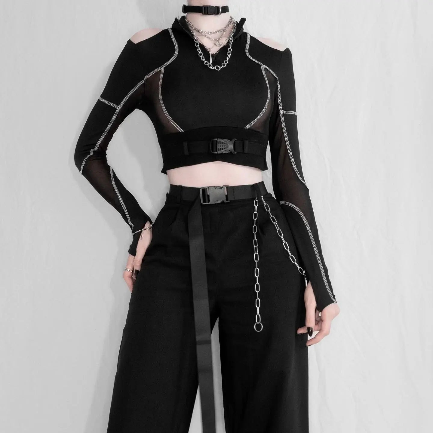 🔥'Adira' Techwear Dark See-Through Buckle Crop Top