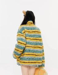 'Seaweed' Contrast Striped Plush Cotton Jacket