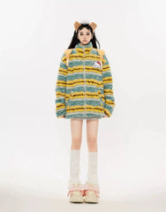 'Seaweed' Contrast Striped Plush Cotton Jacket