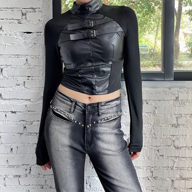 'Alyen' Slim-Fit Punk Pu Leather Buckle Top