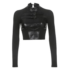 'Alyen' Slim-Fit Punk Pu Leather Buckle Top