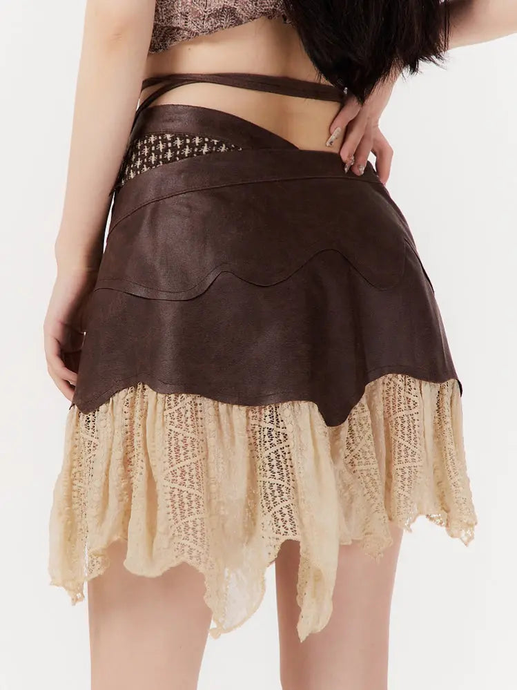 'Ancient Times' Denim Asymmetrical Lace Hanky Hem Skirt