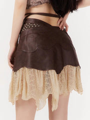 'Ancient Times' Denim Asymmetrical Lace Hanky Hem Skirt