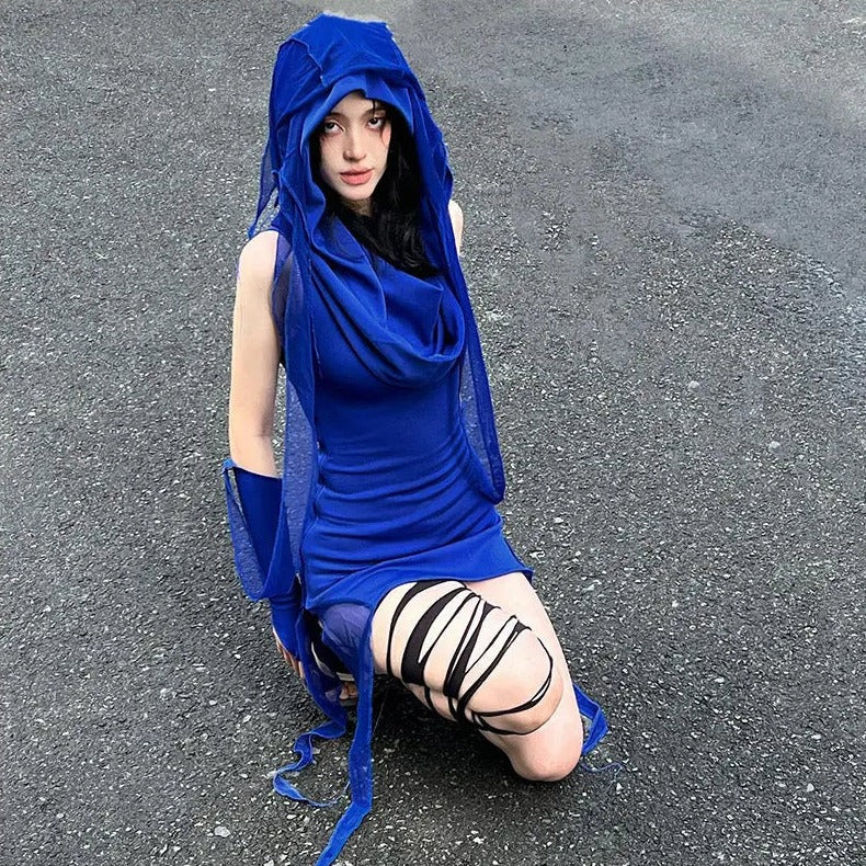 'Aqua' Klein Blue Hooded Wasteland Punk Dress