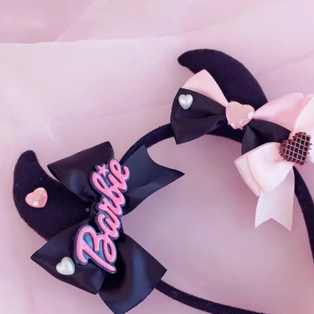 'Bad Gurl' Horns Black Pink Bow Tie Headband