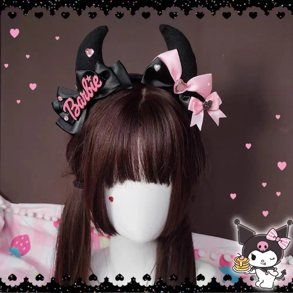 'Bad Gurl' Horns Black Pink Bow Tie Headband