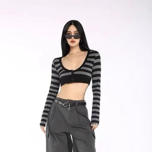 'Bad Idea' Striped Long Sleeves Crop Top