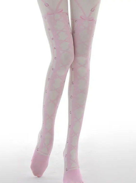 'Ballet Dancer' Pink Lace Up Lolita Tights