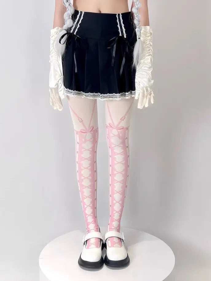 'Ballet Dancer' Pink Lace Up Lolita Tights