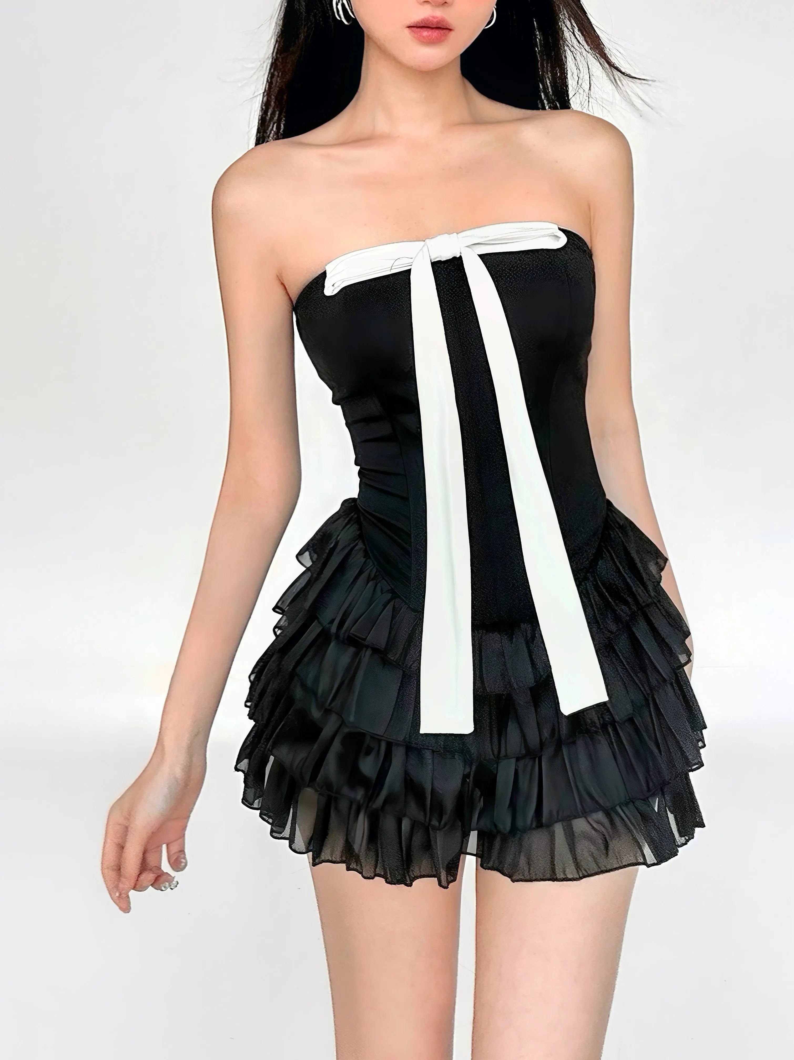 'Black Forrest' Black & White Ribbon Corset Bodysuit Dress