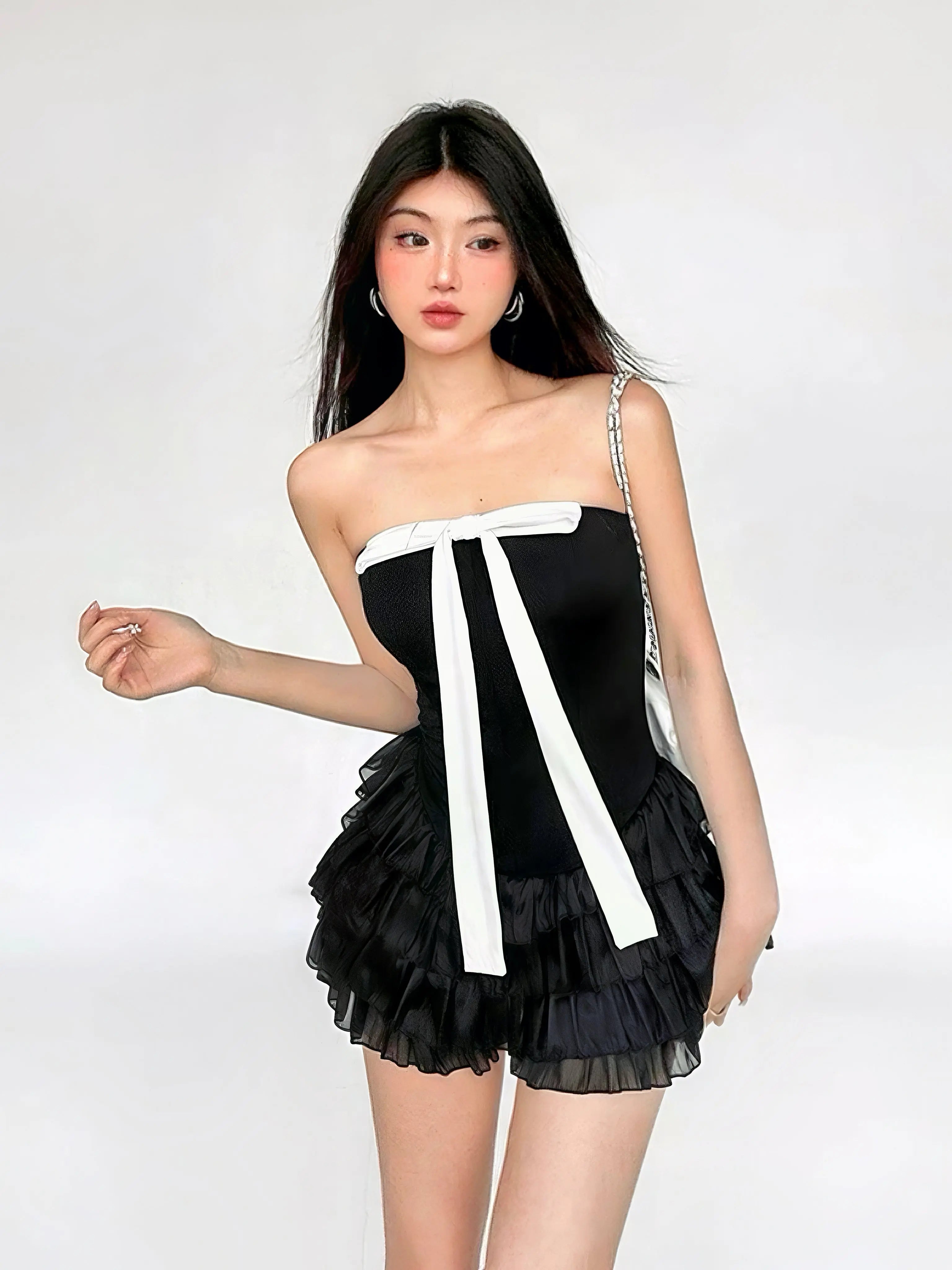 'Black Forrest' Black & White Ribbon Corset Bodysuit Dress