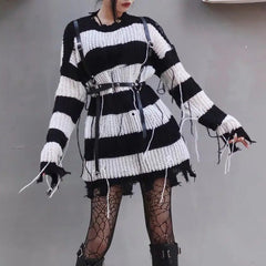 'Blight' Grunge Black & White Striped Sweater