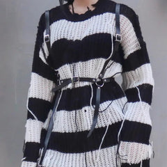 'Blight' Grunge Black & White Striped Sweater