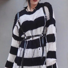 'Blight' Grunge Black & White Striped Sweater