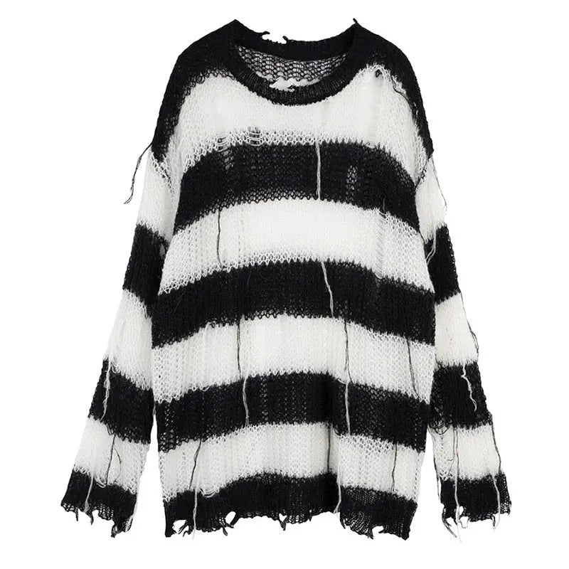 'Blight' Grunge Black & White Striped Sweater