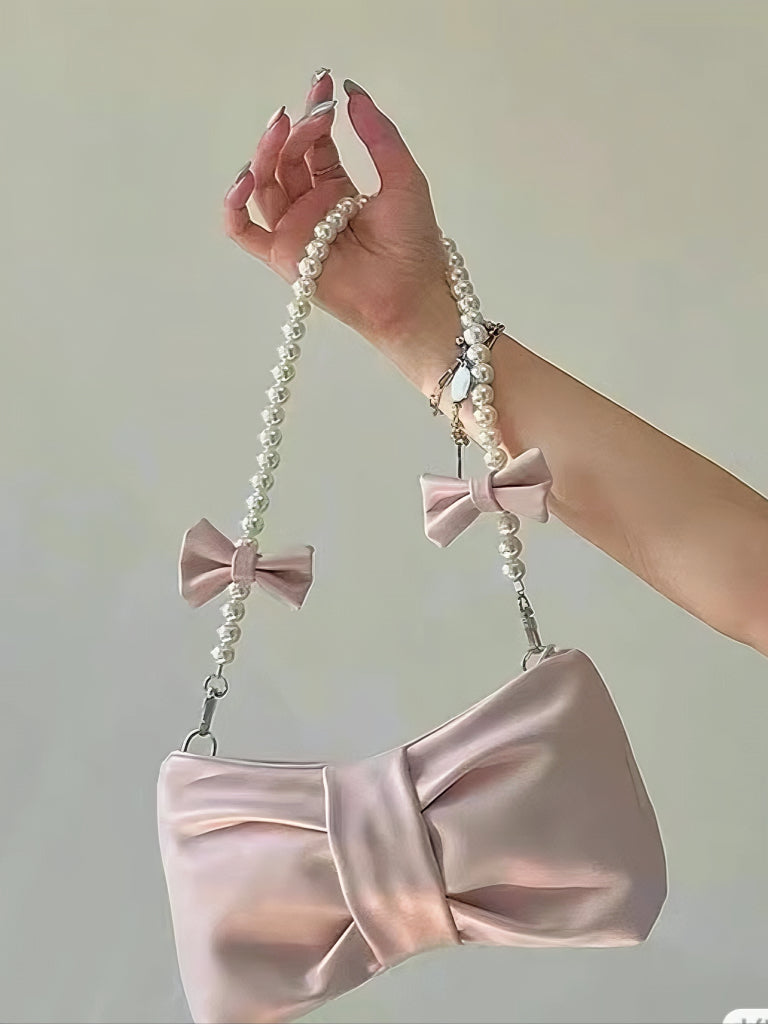 'Blur' Coquette Bowtie Shape Pearl Straps Crossbody Bag