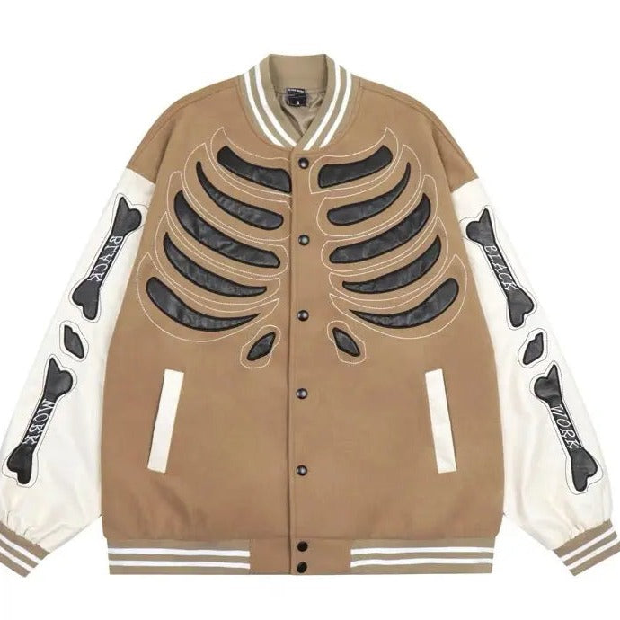 'Bone Lab' Patchwork PU Leather Bomber Jacket