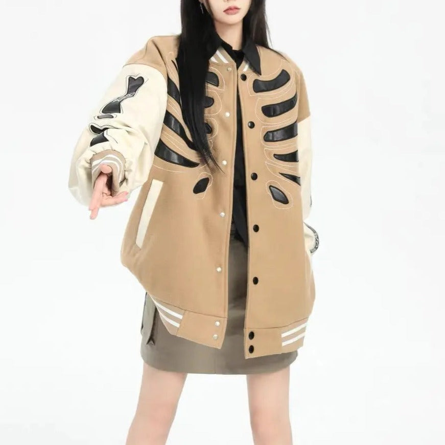 'Bone Lab' Patchwork PU Leather Bomber Jacket