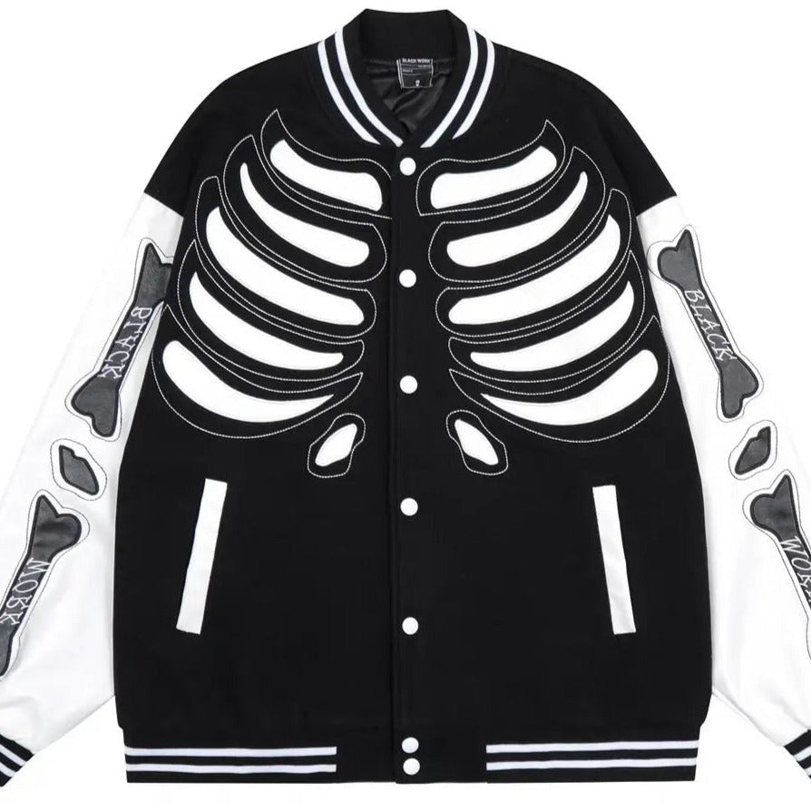 'Bone Lab' Patchwork PU Leather Bomber Jacket