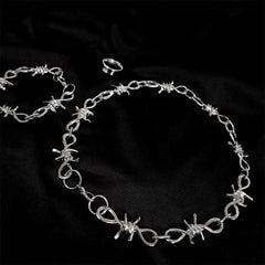 'Bramble' Punk Thorns Silver Metal Necklace Bracelet Set