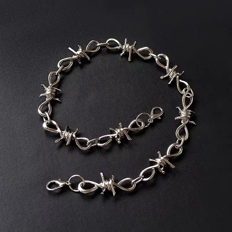 'Bramble' Punk Thorns Silver Metal Necklace Bracelet Set