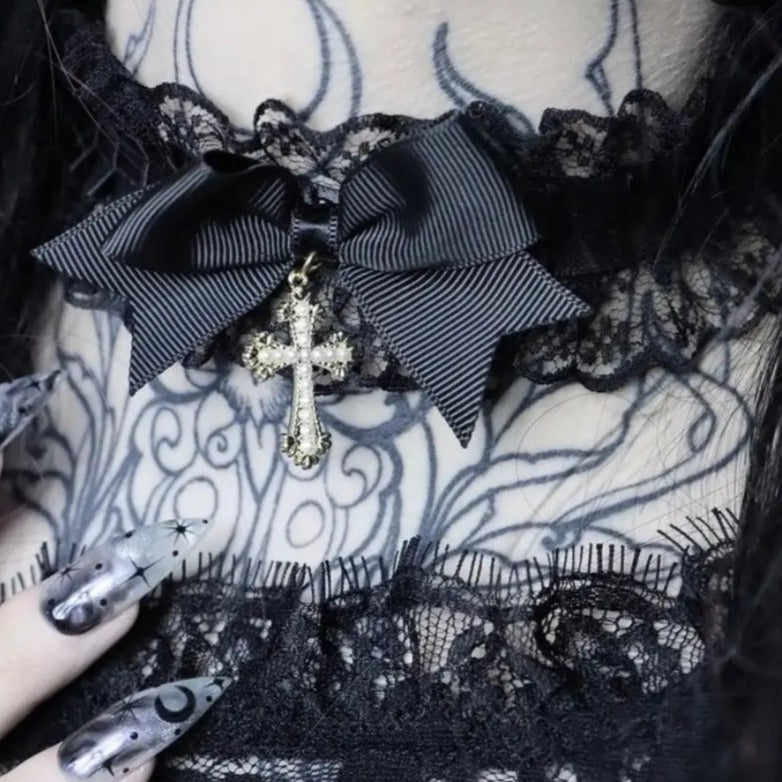 Brenda Lace Bowknot Cross Pendants Choker