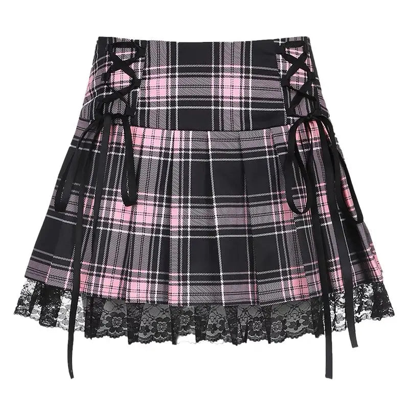 'Bubblegum' Egirl Pink Plaid Lace Skirt