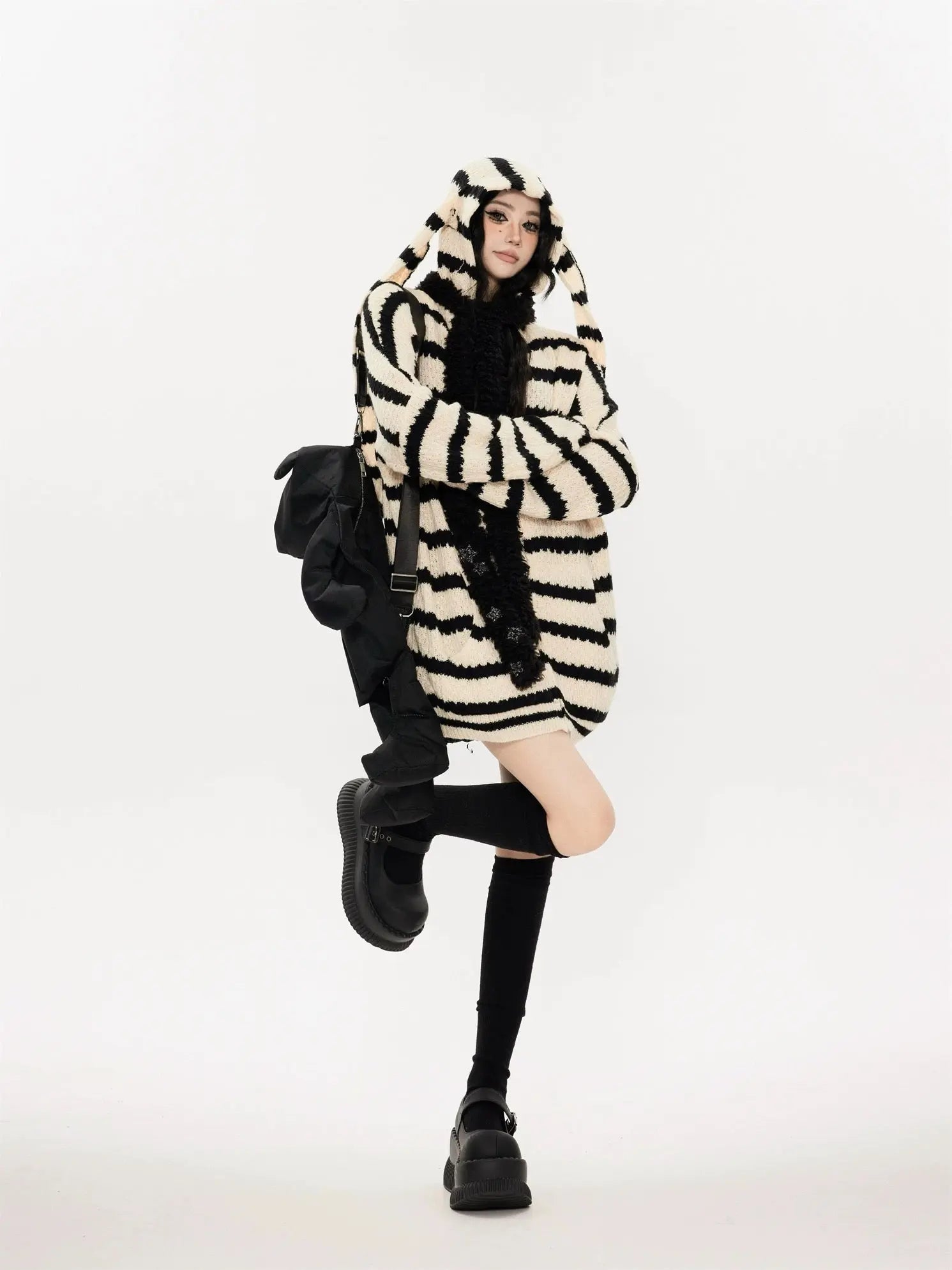 'Bunny Ear' Retro Striped Hooded Knitted Sweater