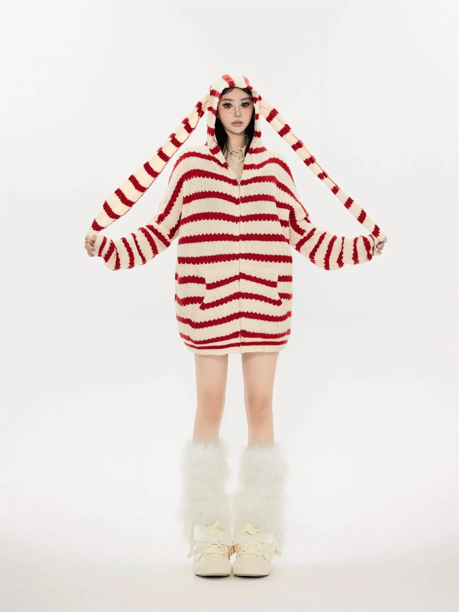 'Bunny Ear' Retro Striped Hooded Knitted Sweater