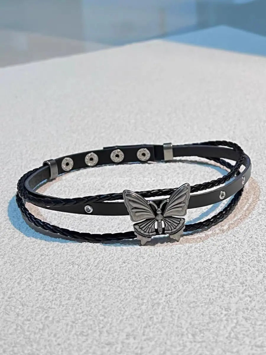 'Wilderness' Dark Leather Butterfly Choker Necklace Set