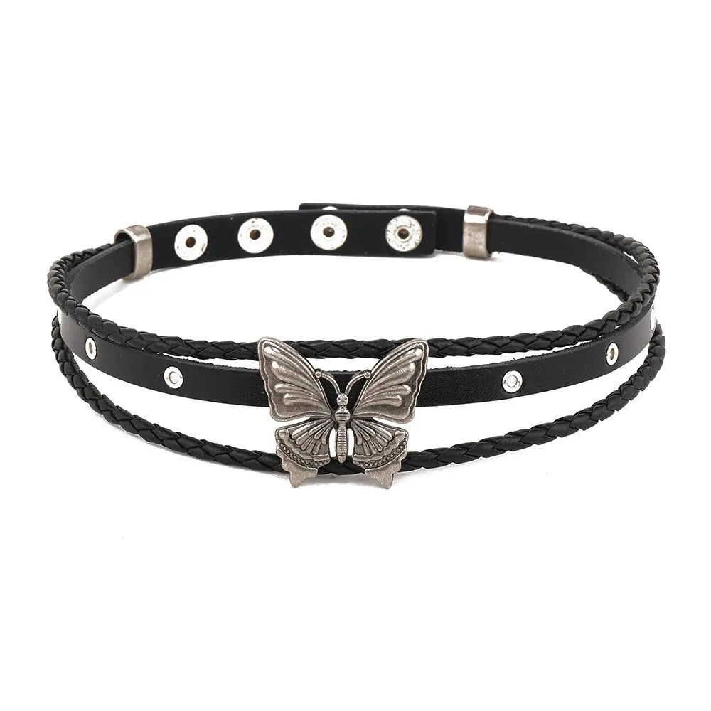 'Wilderness' Dark Leather Butterfly Choker Necklace Set