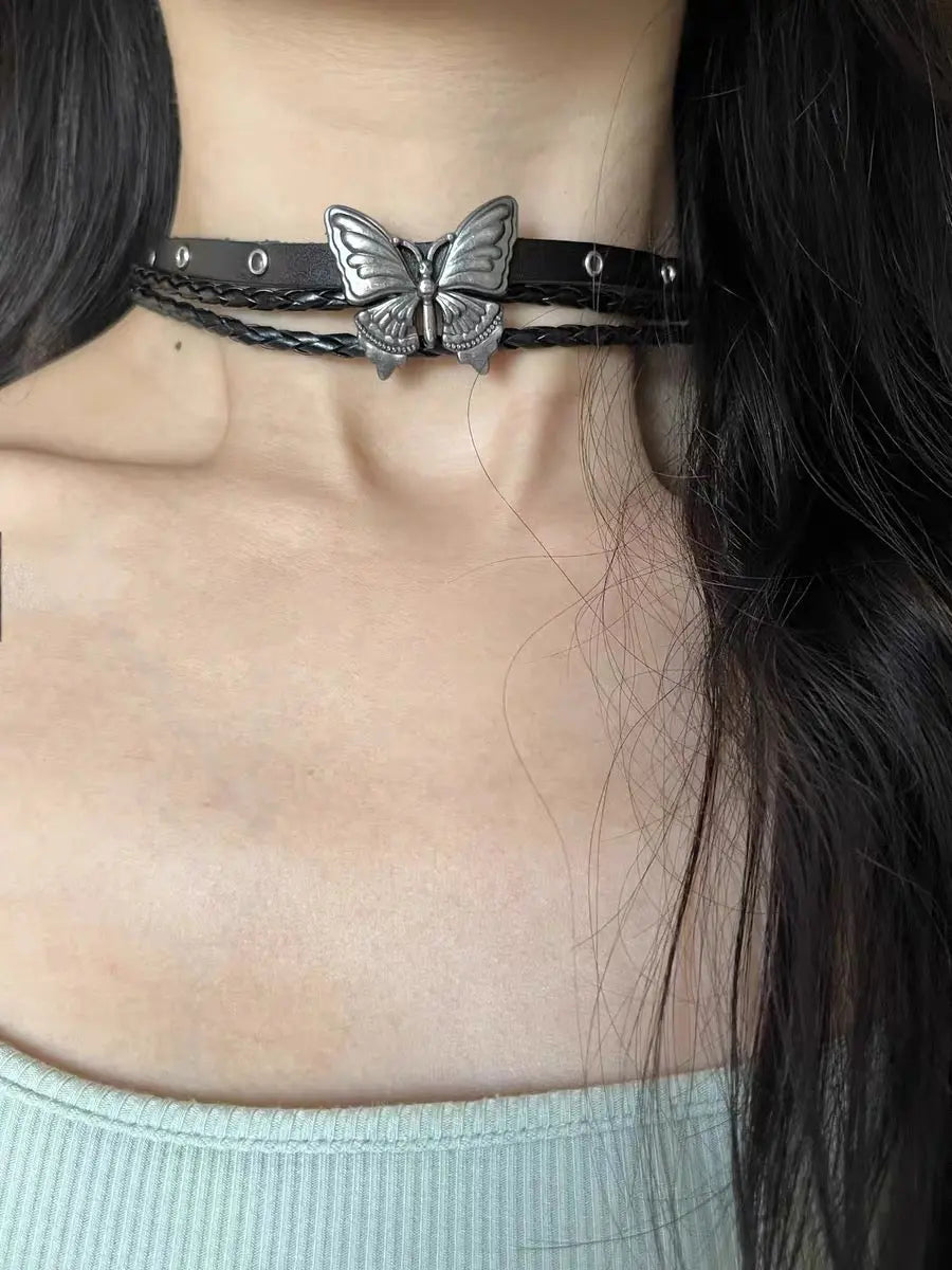 'Wilderness' Dark Leather Butterfly Choker Necklace Set