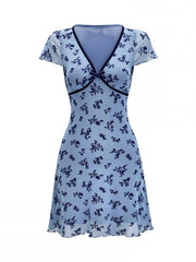 'Butterfly Pea' Coquette Ribbon V-Neck Floral Dress