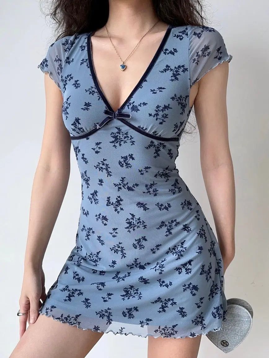 'Butterfly Pea' Coquette Ribbon V-Neck Floral Dress