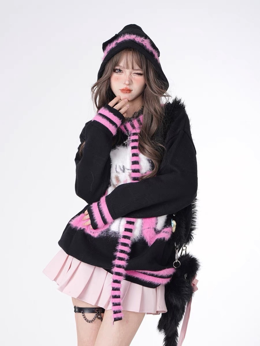 'Call Me Kitty' Kawaii Stripped Scarf Hooded Sweater