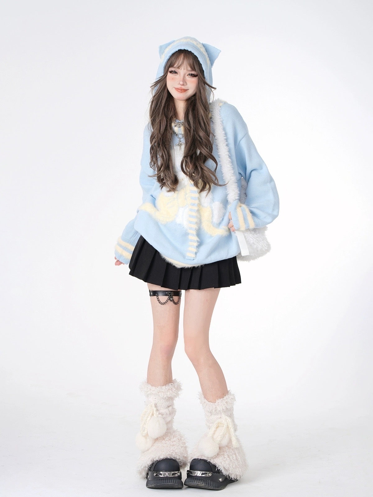 'Call Me Kitty' Kawaii Stripped Scarf Hooded Sweater