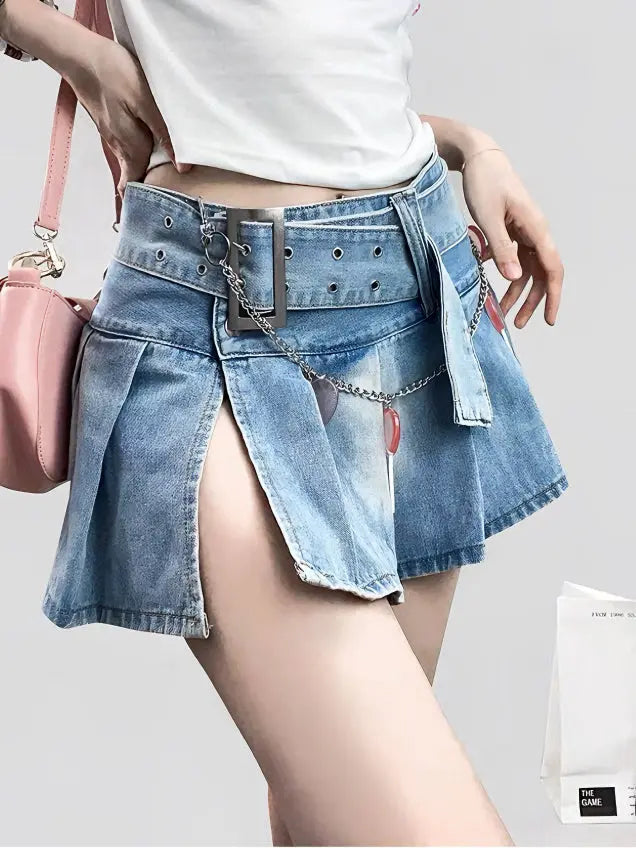 'Candy Bar' Low Waist Buck Denim Split Skirts