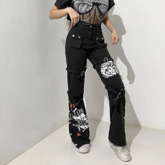 'Cannibal' Graffiti Print Buckle High Waist Cargo