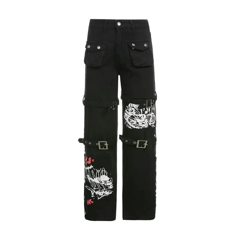 'Cannibal' Graffiti Print Buckle High Waist Cargo