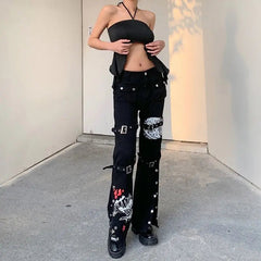 'Cannibal' Graffiti Print Buckle High Waist Cargo