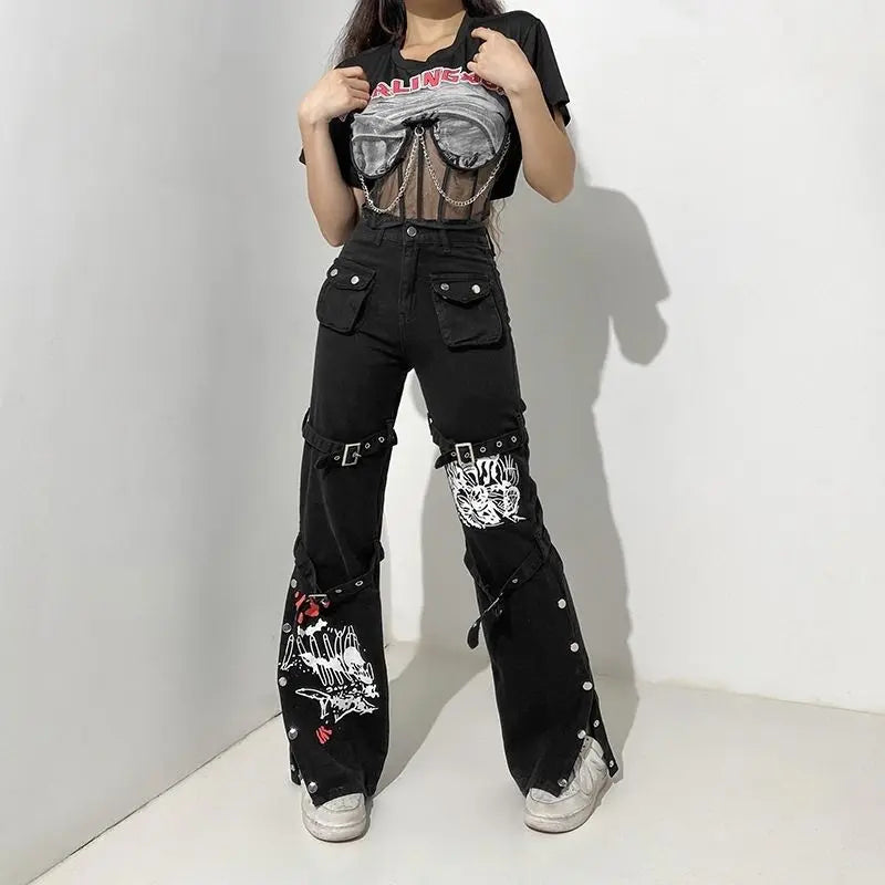 'Cannibal' Graffiti Print Buckle High Waist Cargo