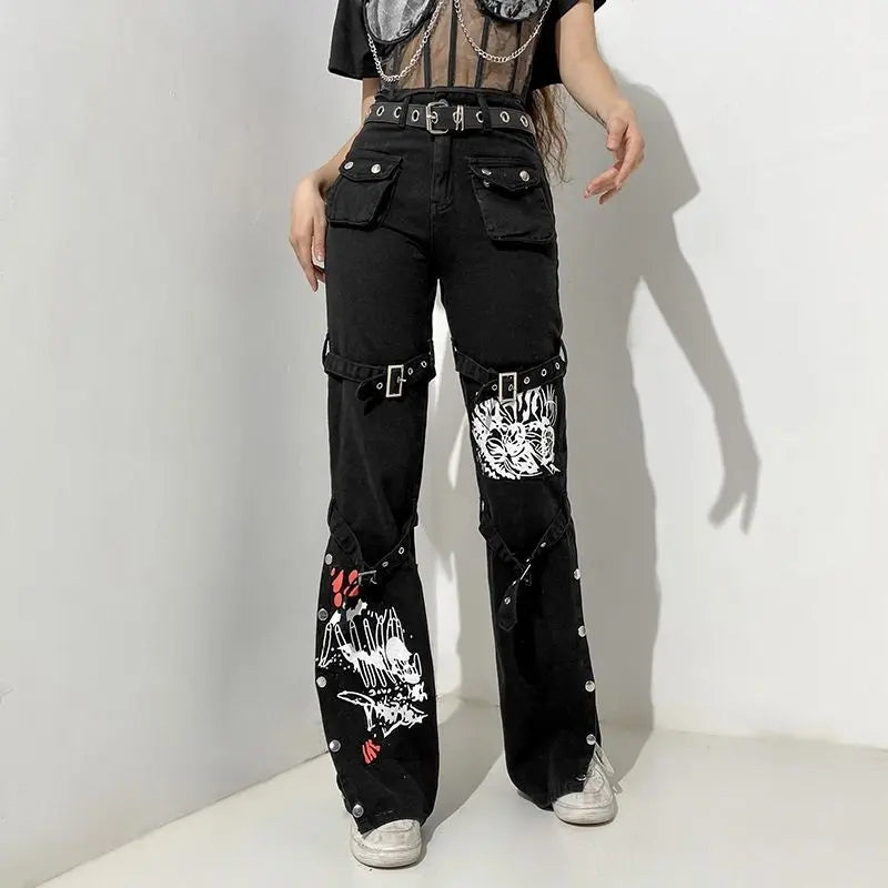 'Cannibal' Graffiti Print Buckle High Waist Cargo