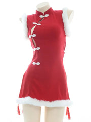 'Chun-Li' Red Fluffy Hem Split Costume Dress