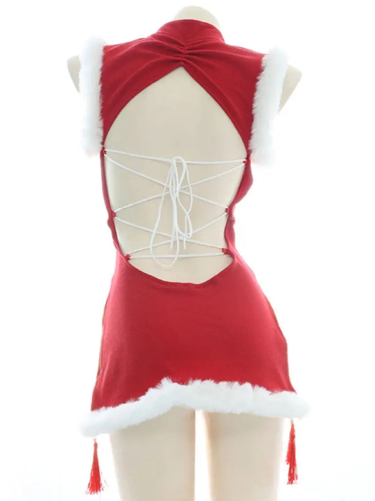 'Chun-Li' Red Fluffy Hem Split Costume Dress