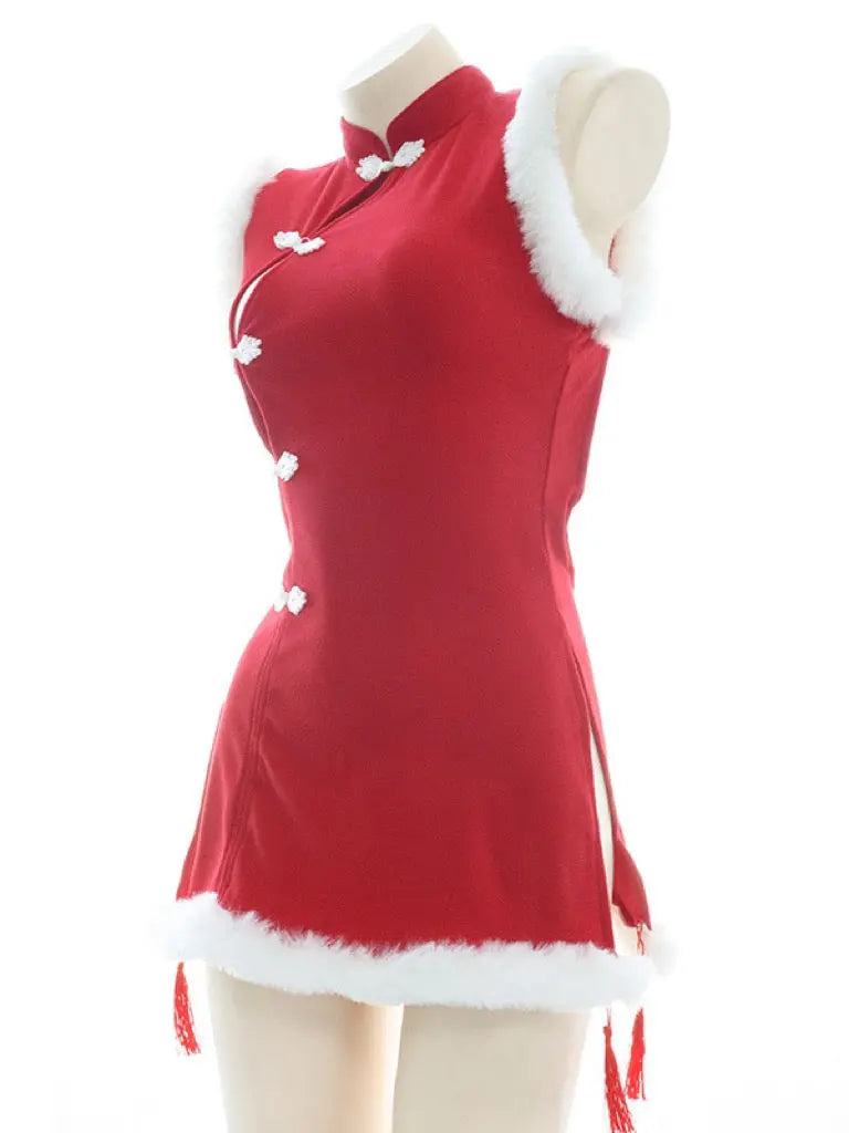 'Chun-Li' Red Fluffy Hem Split Costume Dress