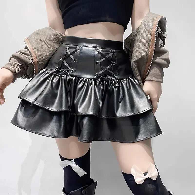 'Cocoa' Grunge Pu Leather Skirt