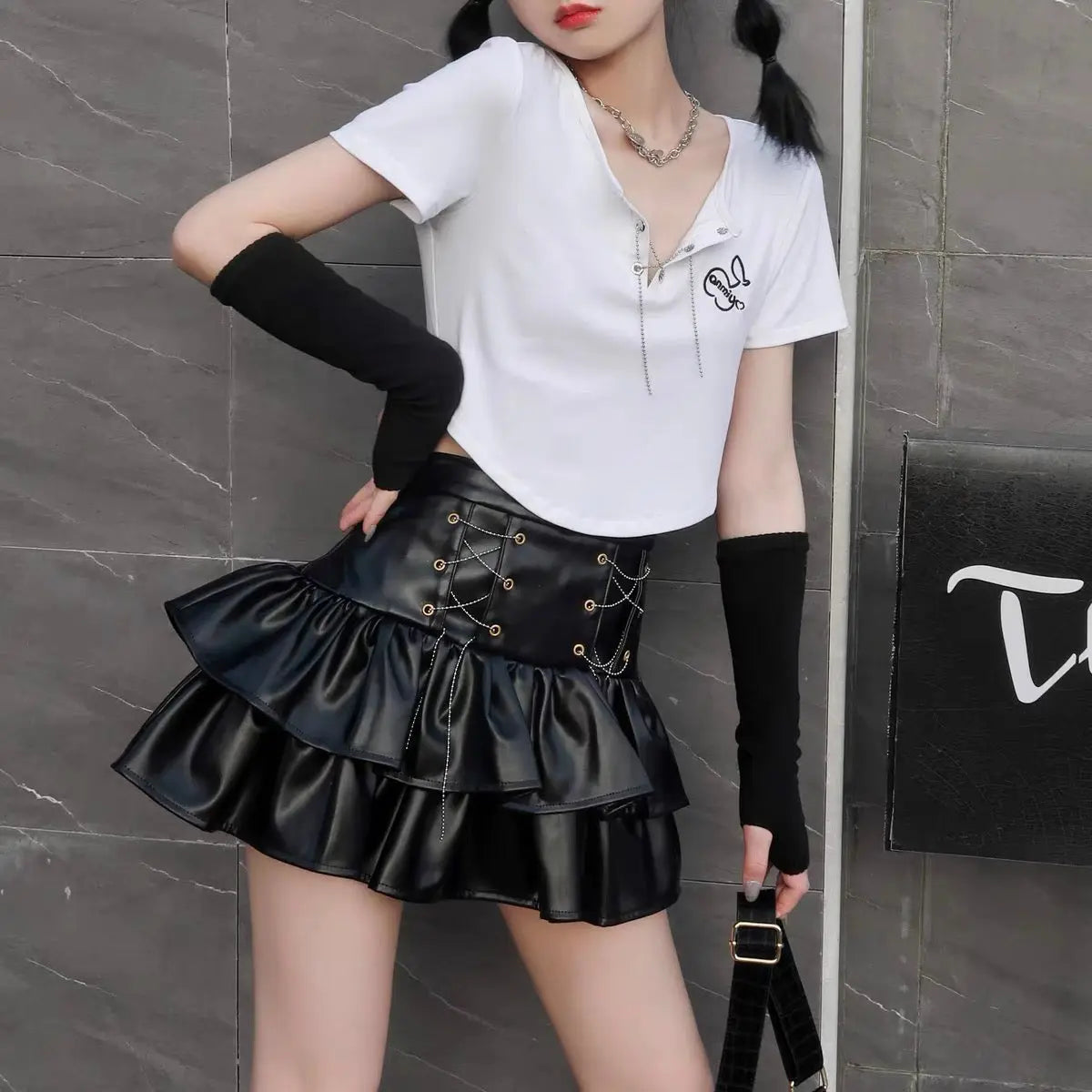 'Cocoa' Grunge Pu Leather Skirt