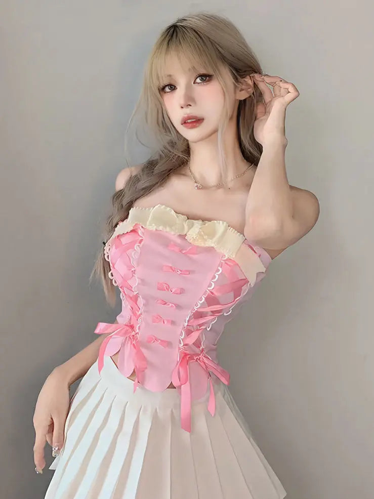 'Cream Pudding' Pink Lace-Up Bowtie Tube Top